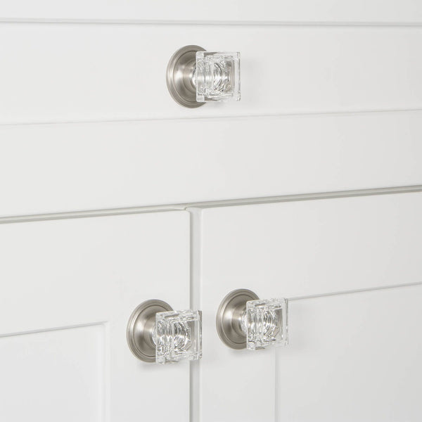 Carré Crystal 1-1/4 Square Cabinet Knob with Georgetown Rosette in Sa - Grandeur  Hardware