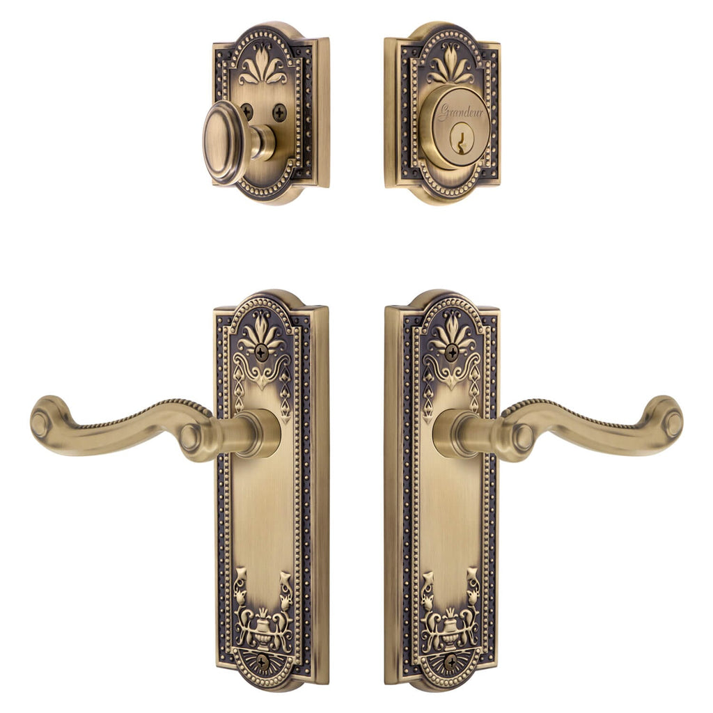 Parthenon Long Plate Entry Set with Newport Lever in Vintage Brass