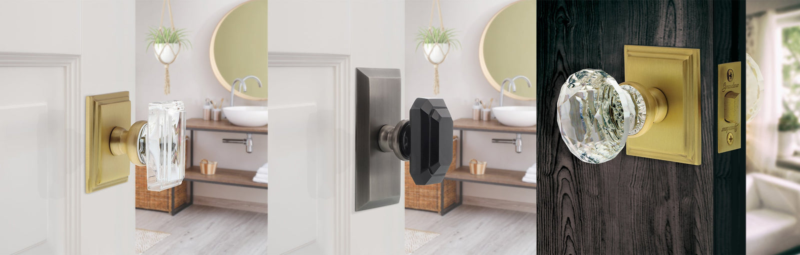 various luxury crystal knobs from grandeur hardware on satin brass and antique pewter plates