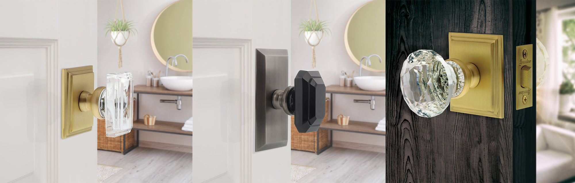 various luxury crystal knobs from grandeur hardware on satin brass and antique pewter plates