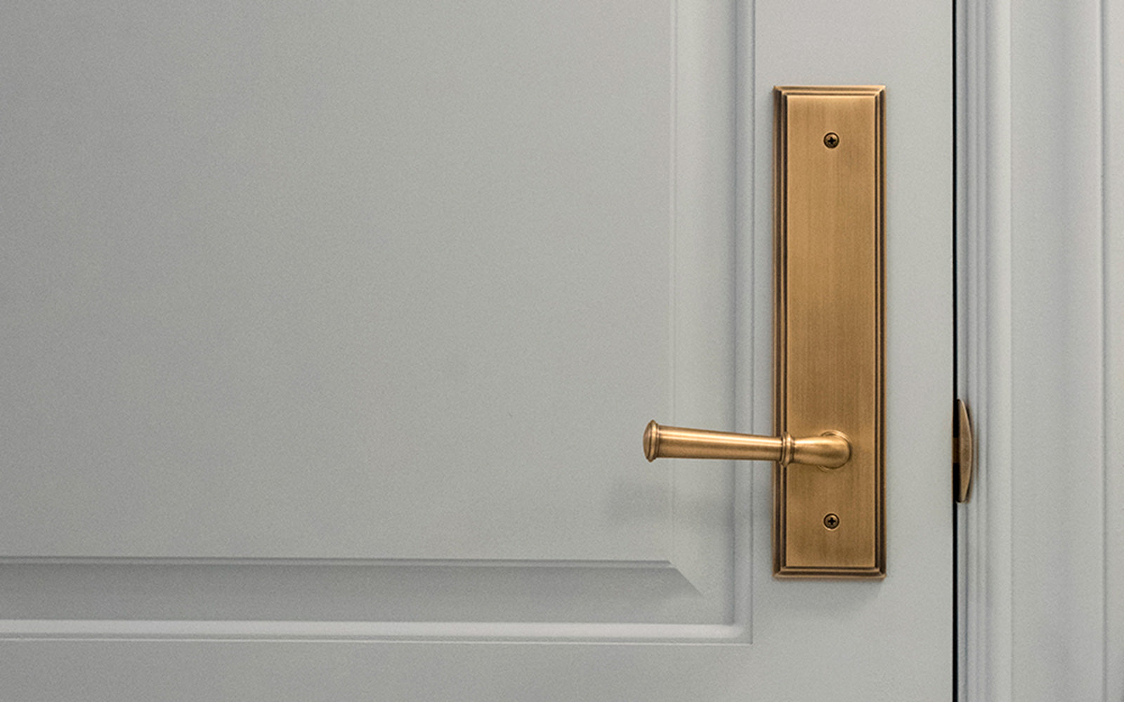 light blue door with carre tall plate and georgetown lever in vintage brass from grandeur hardware