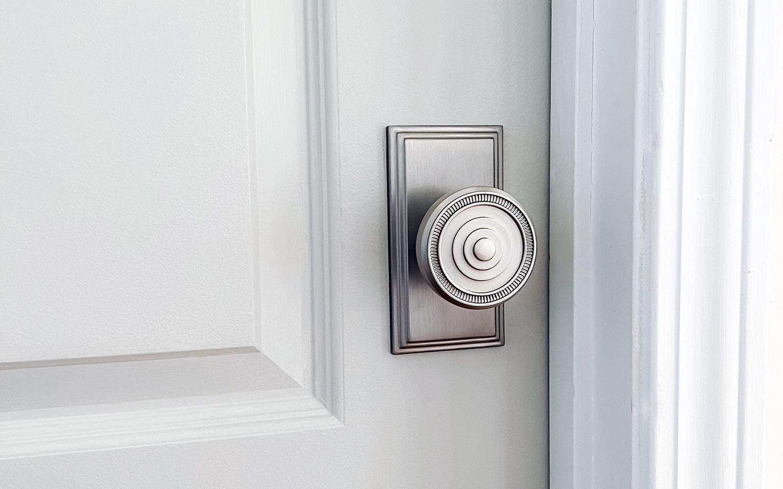 light dusty green door with satin nickel transitional carre luxury hardware from grandeur