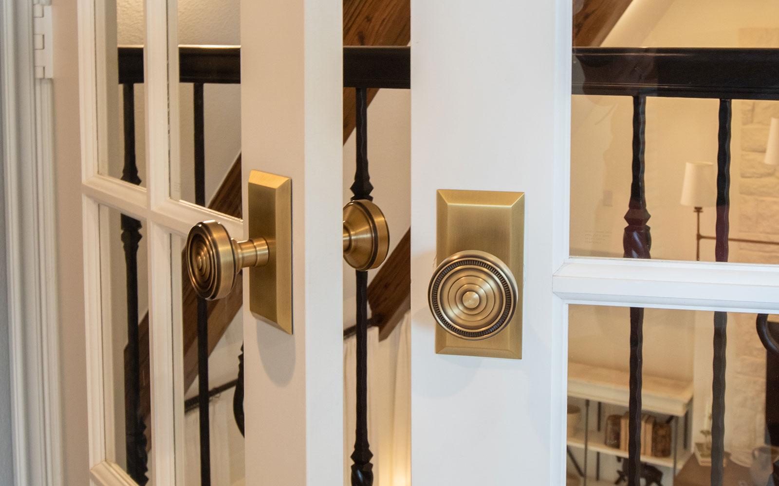 white french office doors with glass window panes and vintage brass door hardware from grandeur