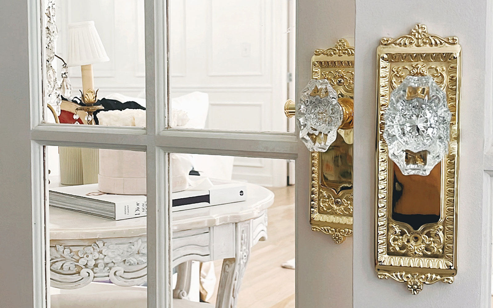 white french office doors with windows and luxurious vintage inspired door hardware with crystal doorknobs from grandeur