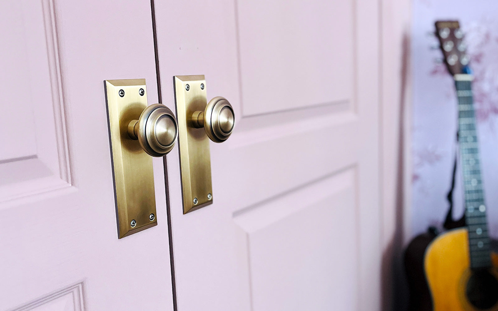 pink closet french doors with vintage luxury brass hardware from grandeur