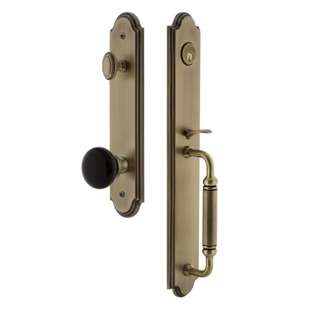 Grandeur Arc One-Piece Handleset with C Grip and Coventry Knob in Vintage Brass