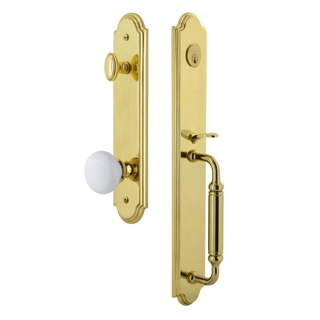 Arc One-Piece Handleset with C Grip and Hyde Park Knob in Lifetime Brass