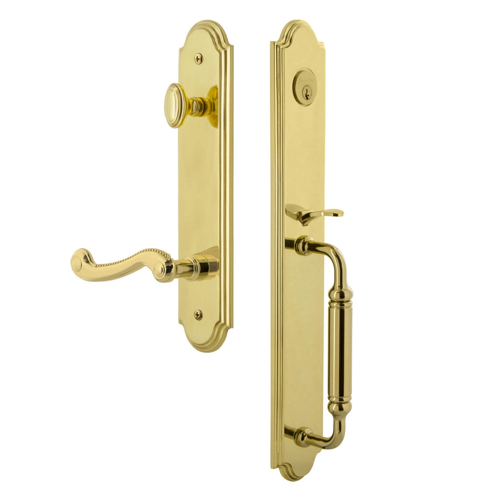 Arc One-Piece Handleset with C Grip and Newport Lever in Lifetime Brass