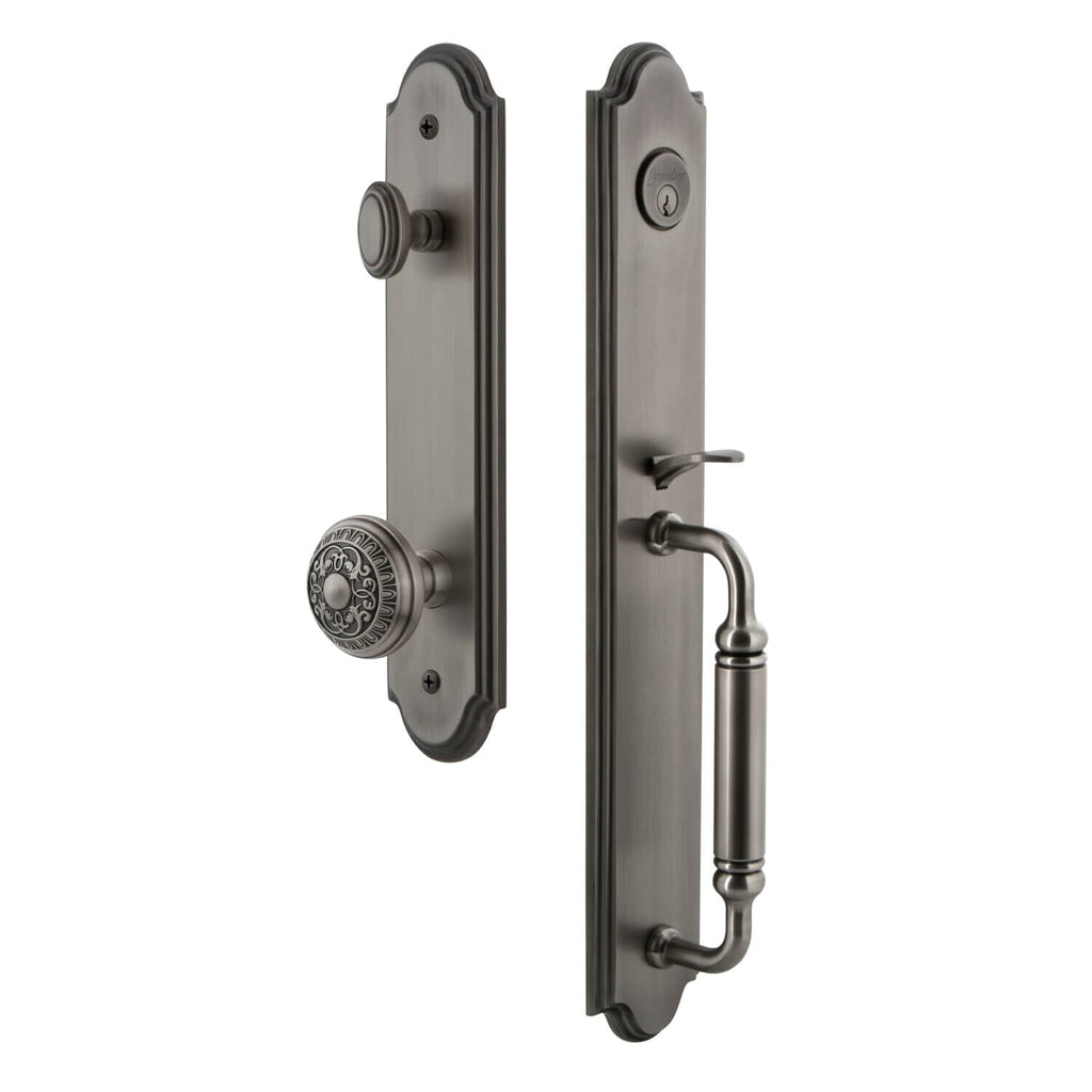 Arc One-Piece Handleset with C Grip and Windsor Knob in Antique Pewter