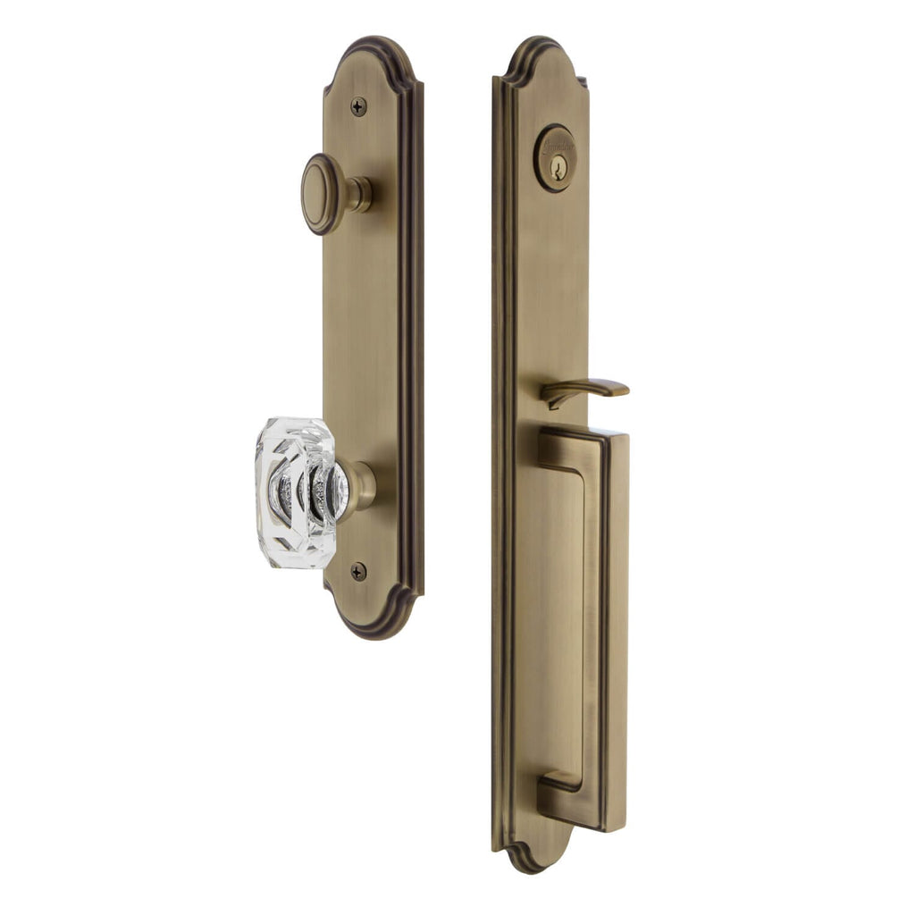 Arc One-Piece Handleset with D Grip and Baguette Clear Crystal Knob in Vintage Brass