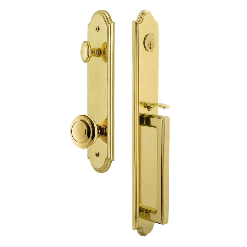Arc One-Piece Handleset with D Grip and Circulaire Knob in Lifetime Brass