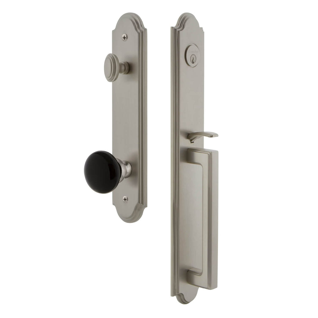 Grandeur Arc One-Piece Handleset with D Grip and Coventry Knob in Satin Nickel