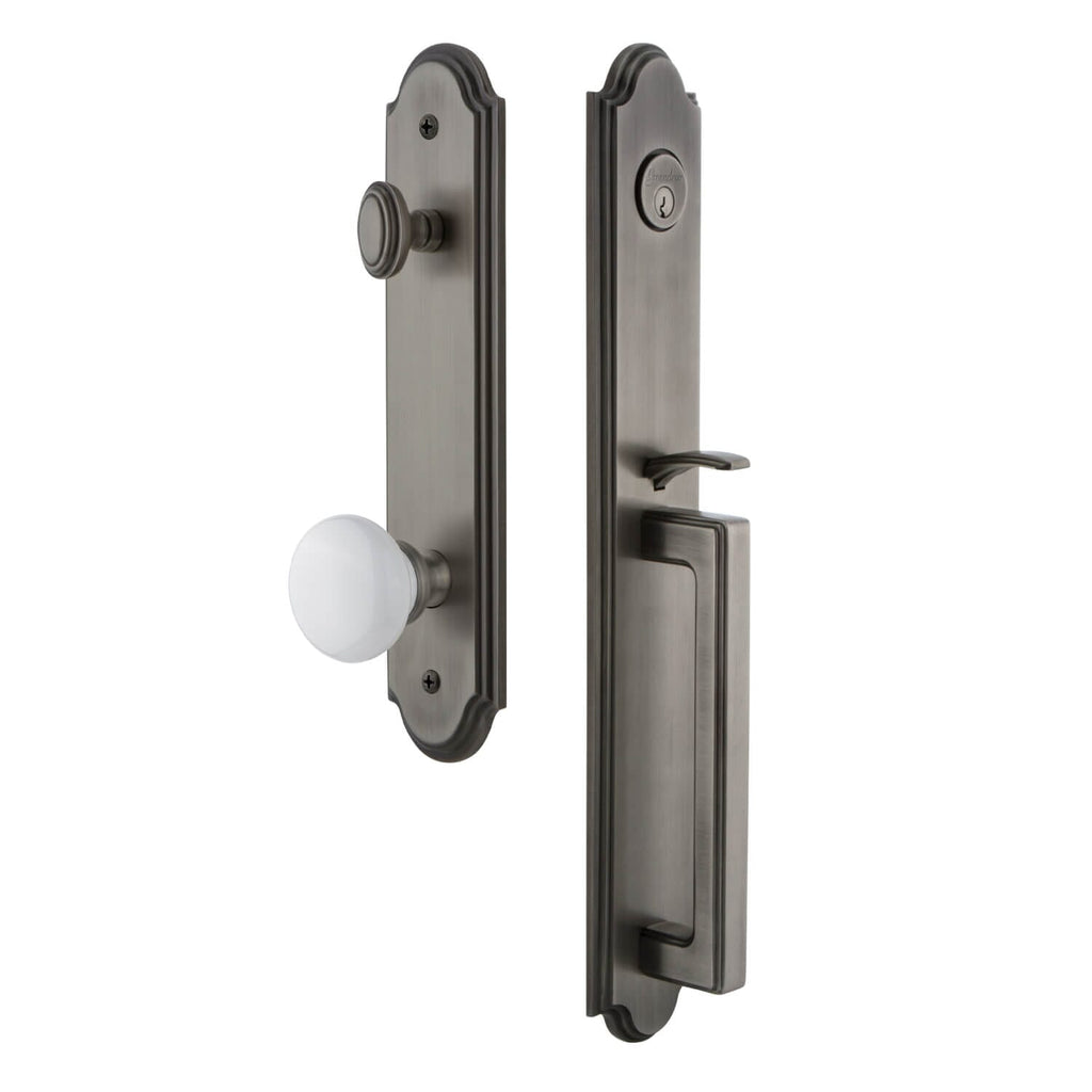 Arc One-Piece Handleset with D Grip and Hyde Park Knob in Antique Pewter