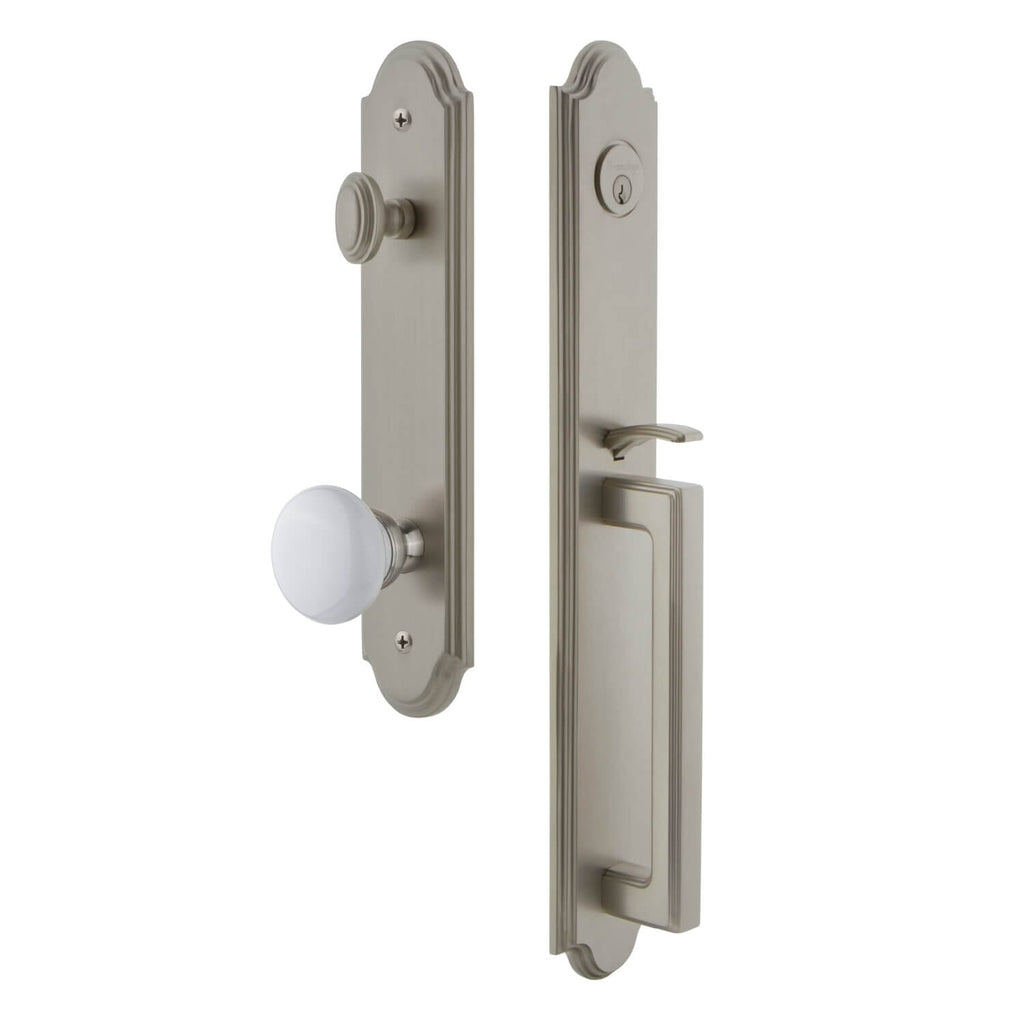 Arc One-Piece Handleset with D Grip and Hyde Park Knob in Satin Nickel