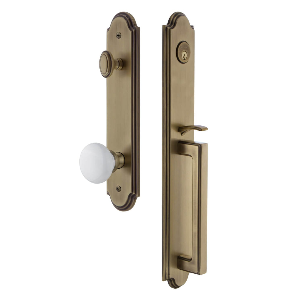 Arc One-Piece Handleset with D Grip and Hyde Park Knob in Vintage Brass