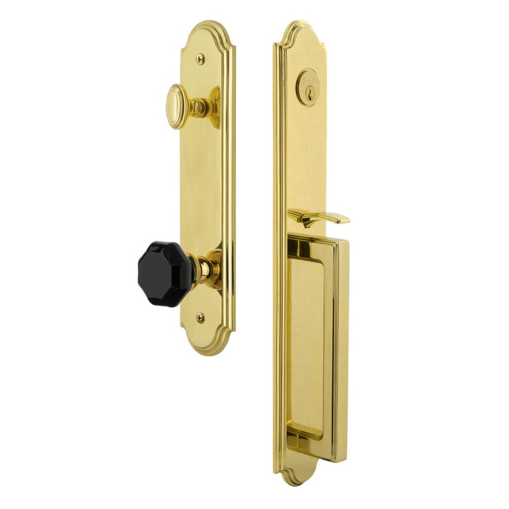 Grandeur Arc One-Piece Handleset with D Grip and Lyon Knob in Lifetime Brass