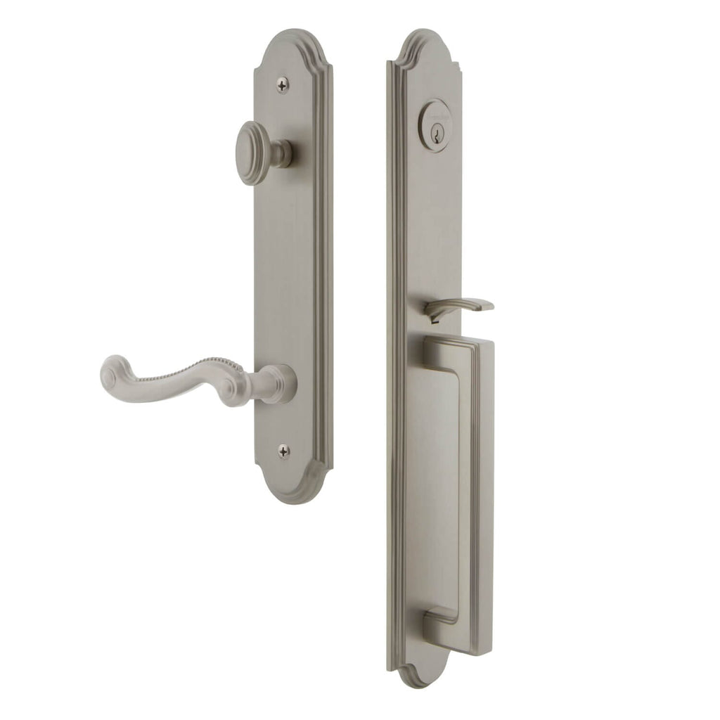 Arc One-Piece Handleset with D Grip and Newport Lever in Satin Nickel