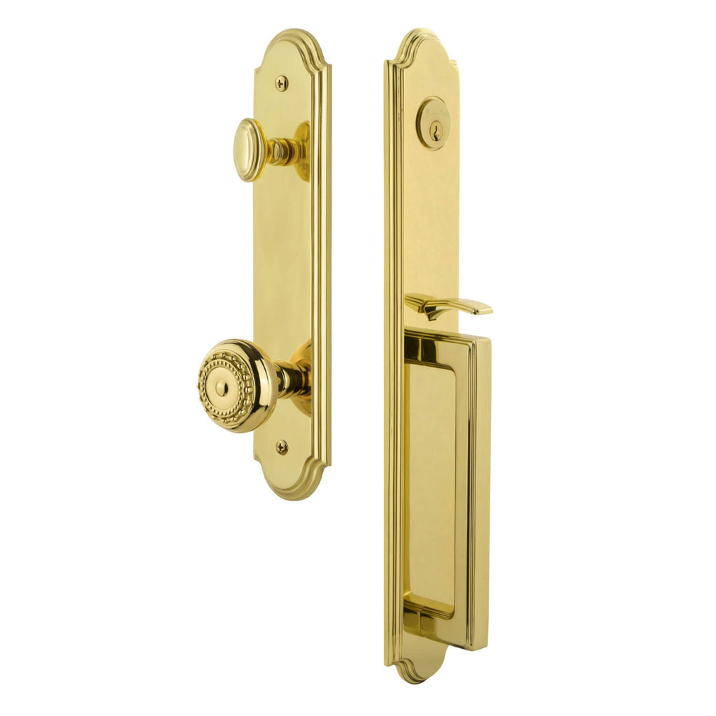 Arc One-Piece Handleset with D Grip and Parthenon Knob in Lifetime Brass