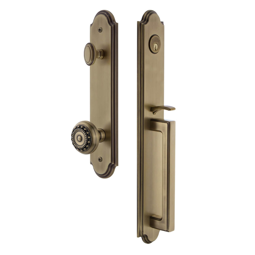 Arc One-Piece Handleset with D Grip and Parthenon Knob in Vintage Brass