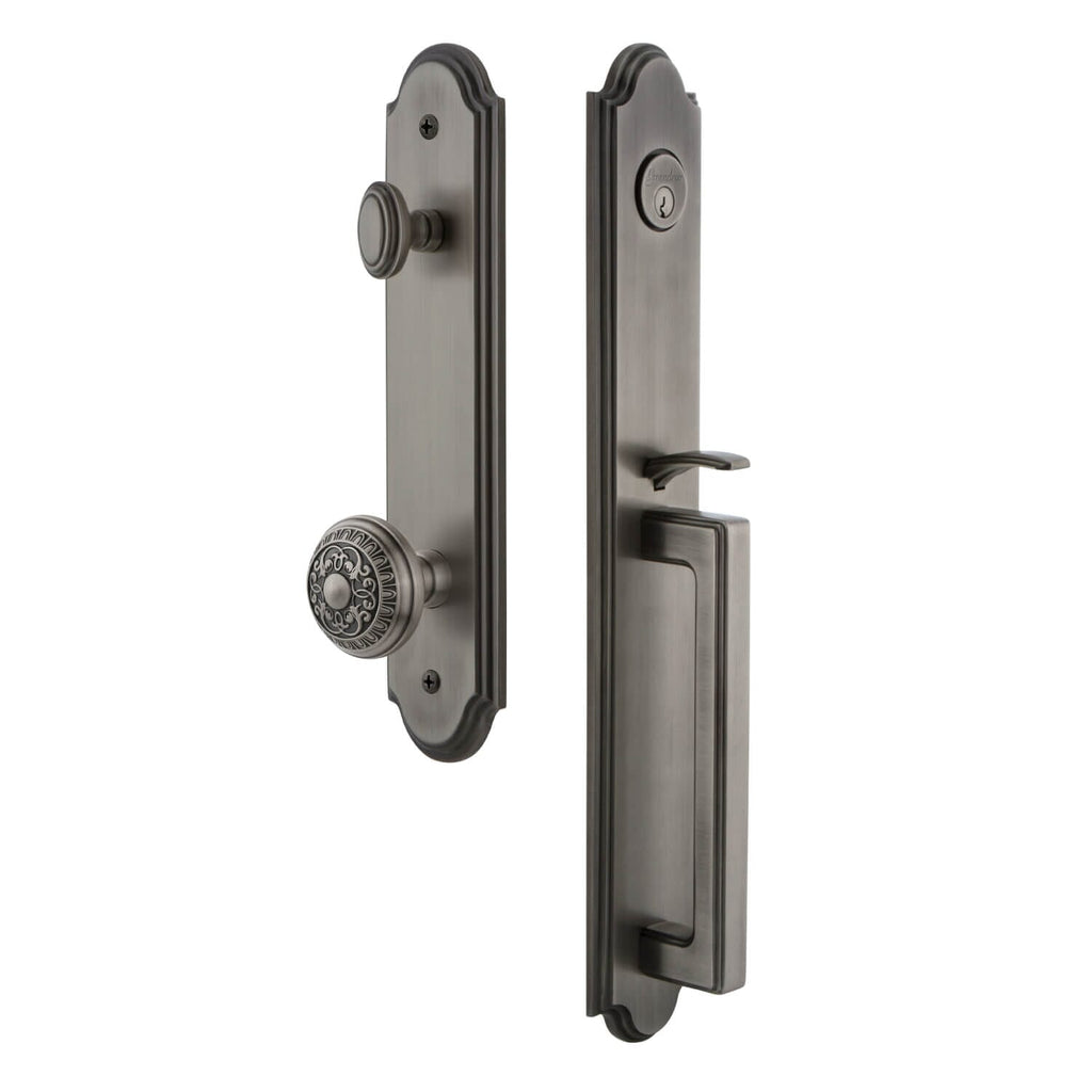 Arc One-Piece Handleset with D Grip and Windsor Knob in Antique Pewter