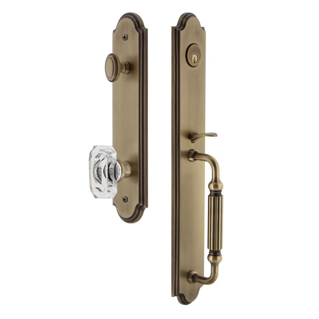 Arc One-Piece Handleset with F Grip and Baguette Clear Crystal Knob in Vintage Brass