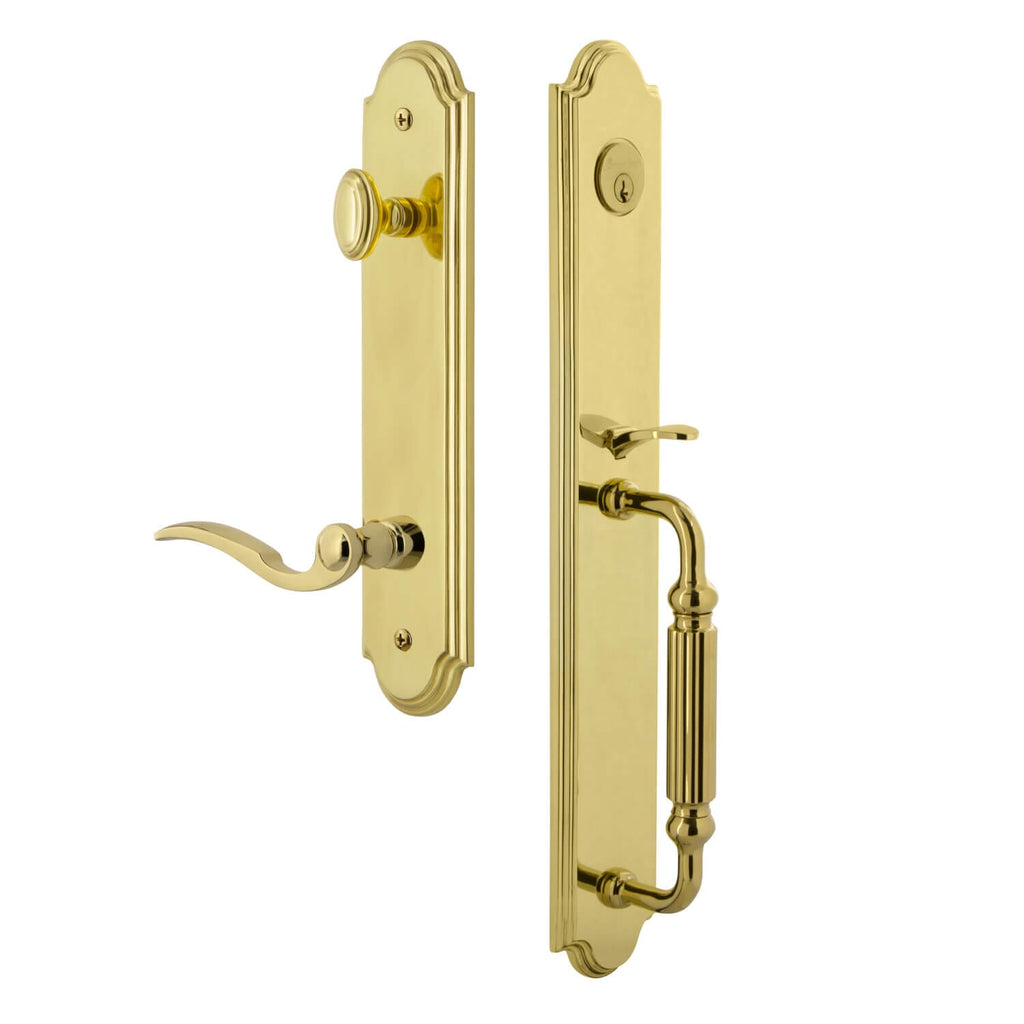 Arc One-Piece Handleset with F Grip and Bellagio Lever in Lifetime Brass