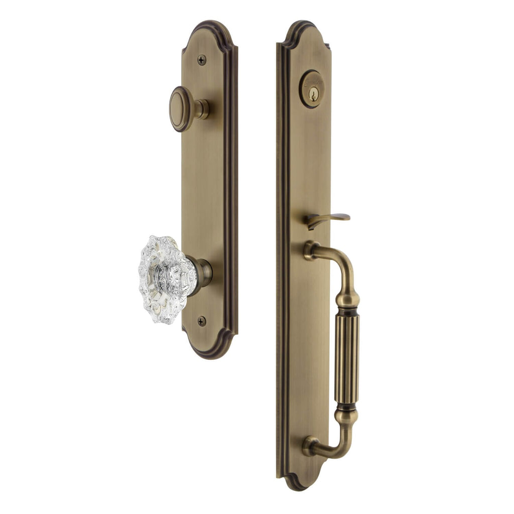 Arc One-Piece Handleset with F Grip and Biarritz Knob in Vintage Brass