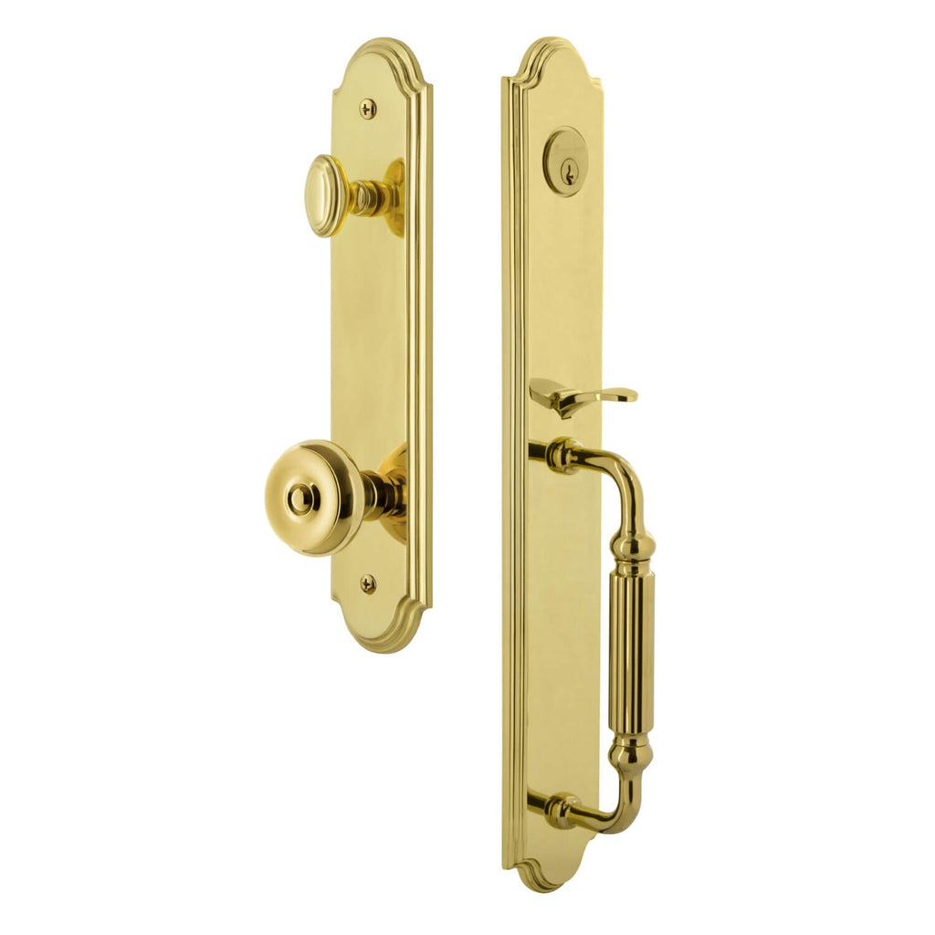 Arc One-Piece Handleset with F Grip and Bouton Knob in Lifetime Brass