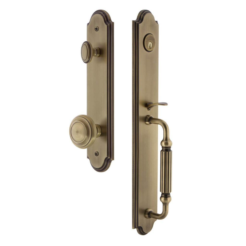 Arc One-Piece Handleset with F Grip and Circulaire Knob in Vintage Brass