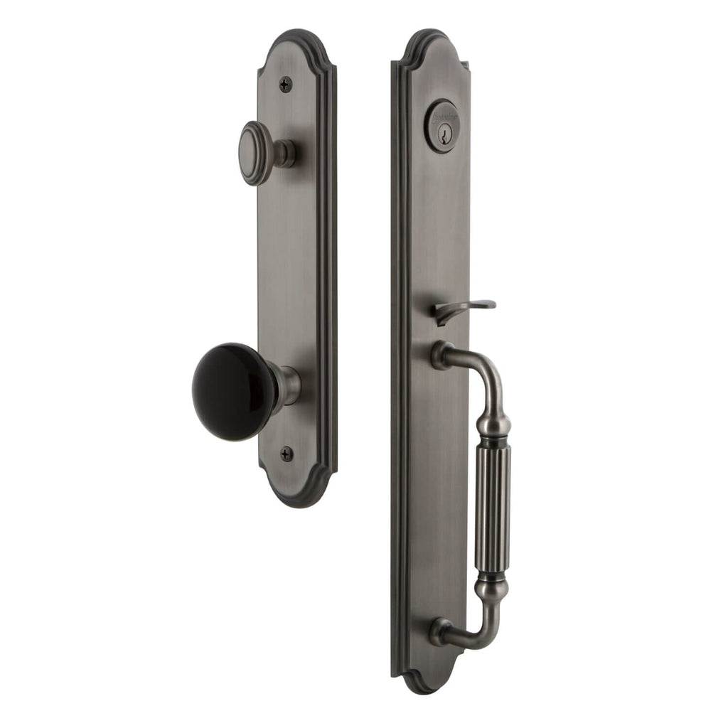 Grandeur Arc One-Piece Handleset with F Grip and Coventry Knob in Antique Pewter