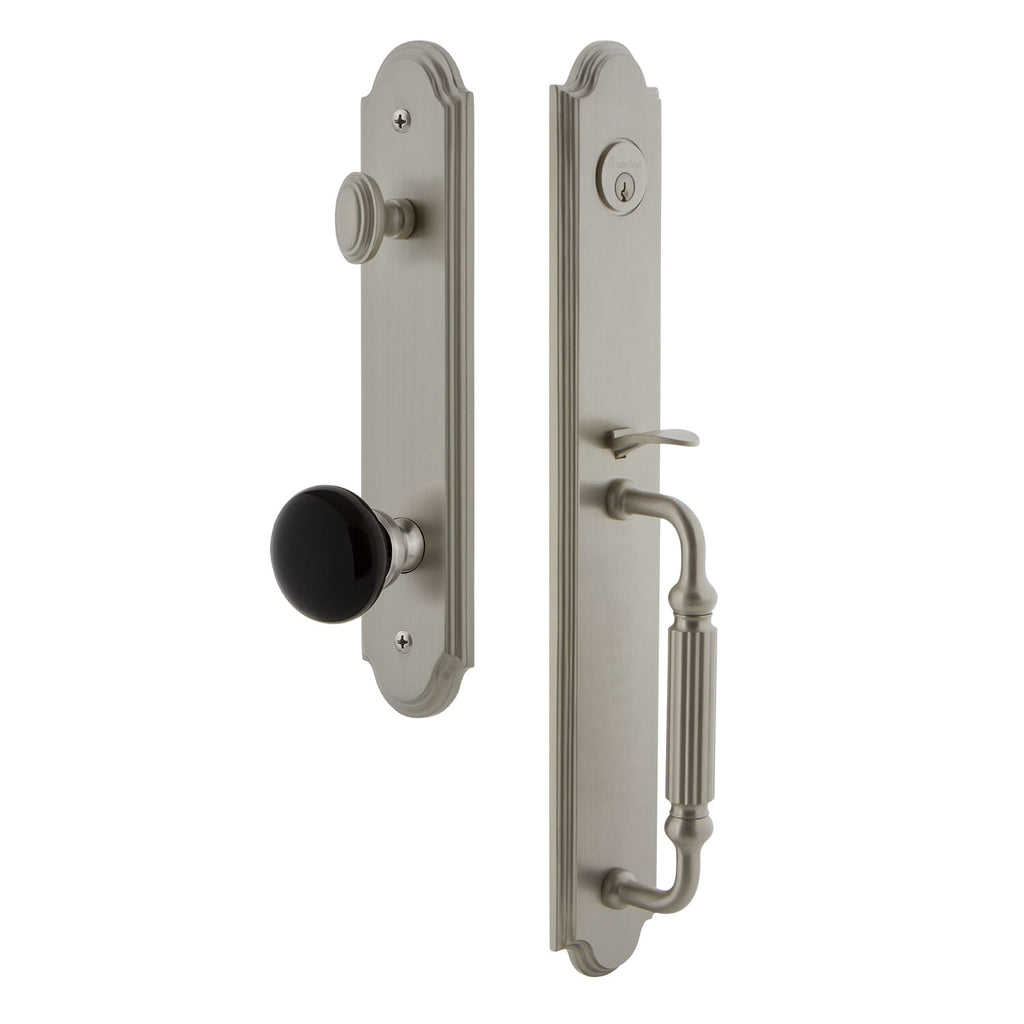 Grandeur Arc One-Piece Handleset with F Grip and Coventry Knob in Satin Nickel