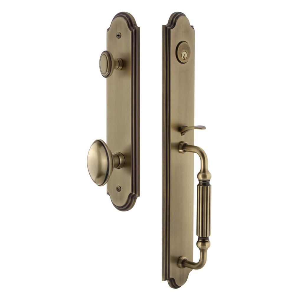 Arc One-Piece Handleset with F Grip and Eden Prairie Knob in Vintage Brass