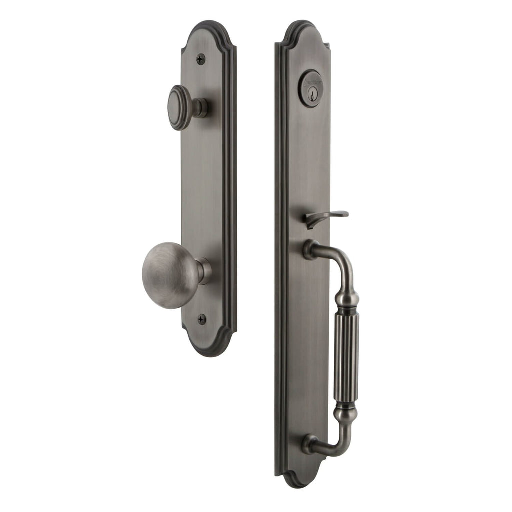 Arc One-Piece Handleset with F Grip and Fifth Avenue Knob in Antique Pewter