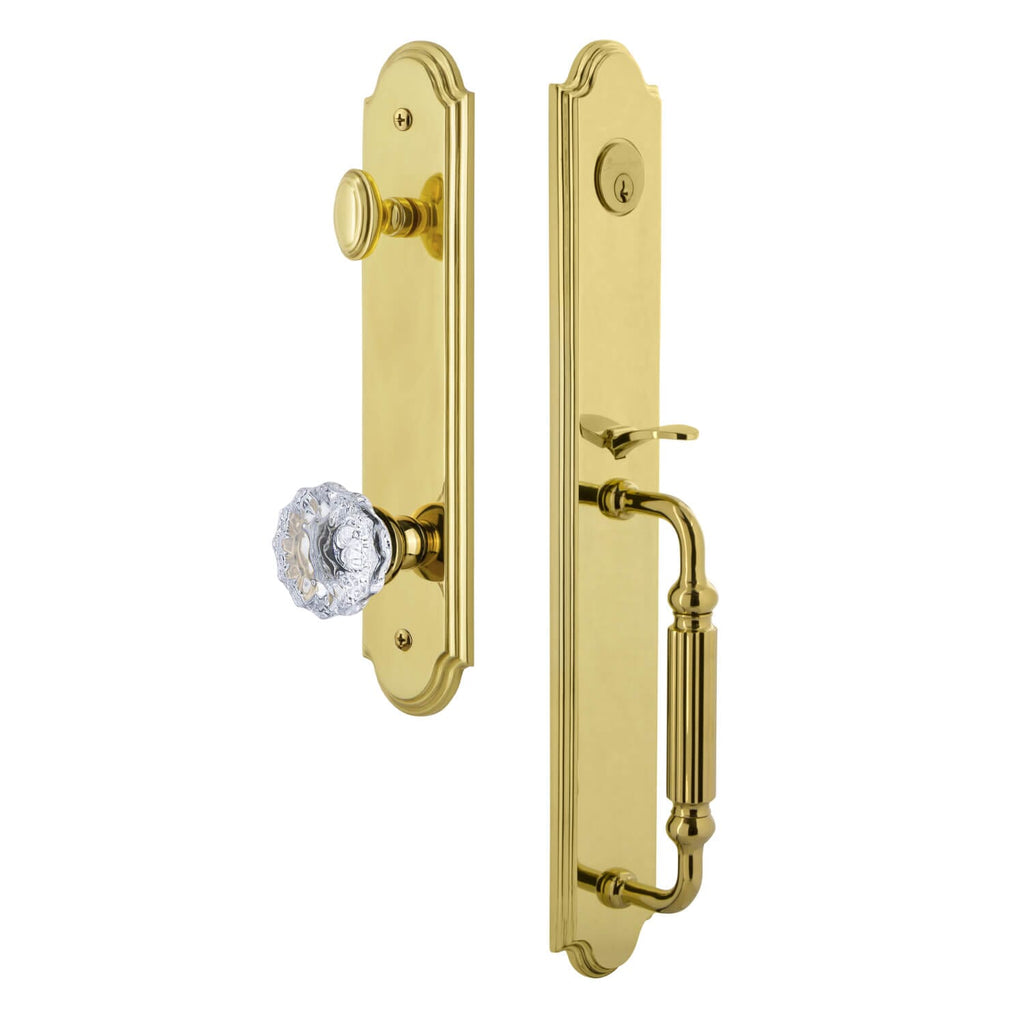 Arc One-Piece Handleset with F Grip and Fontainebleau Knob in Lifetime Brass