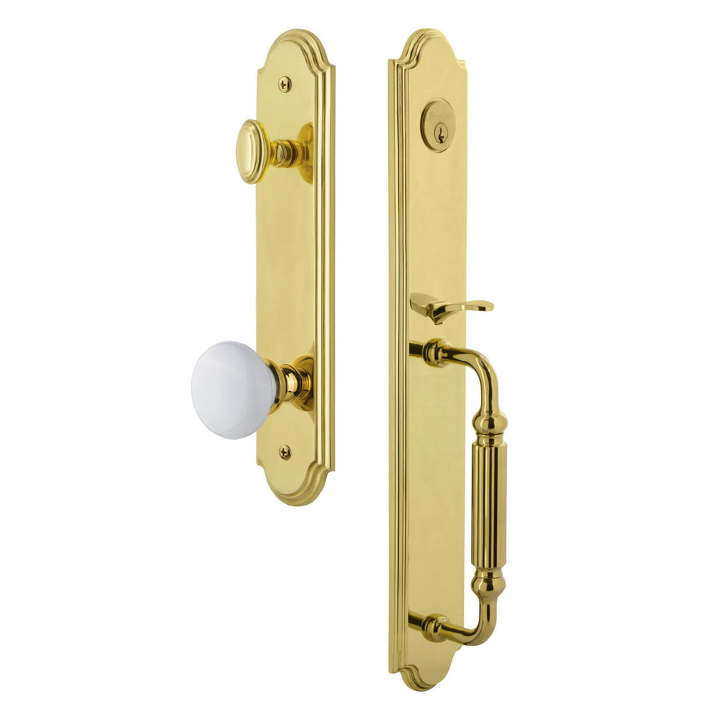 Arc One-Piece Handleset with F Grip and Hyde Park Knob in Lifetime Brass