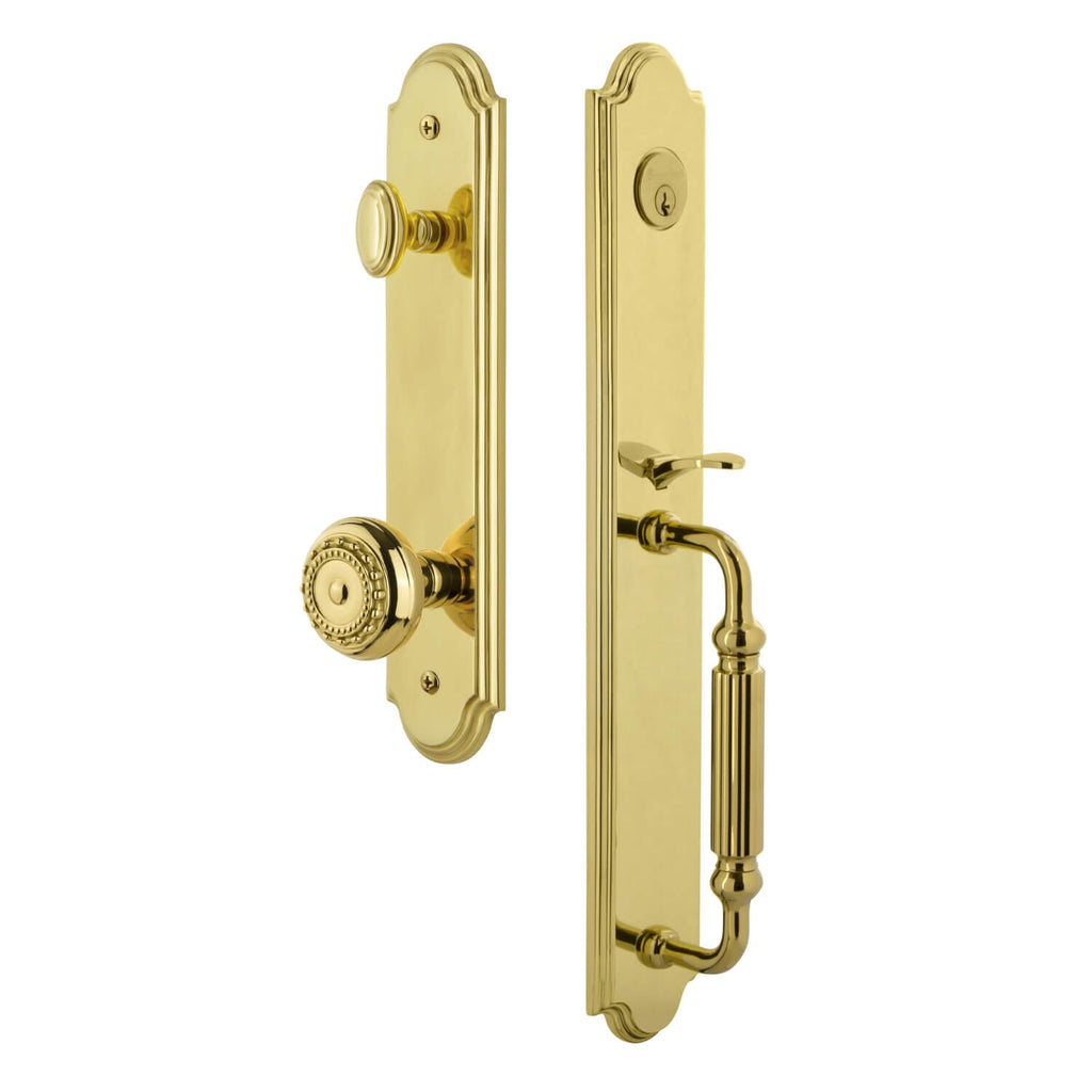 Arc One-Piece Handleset with F Grip and Parthenon Knob in Lifetime Brass