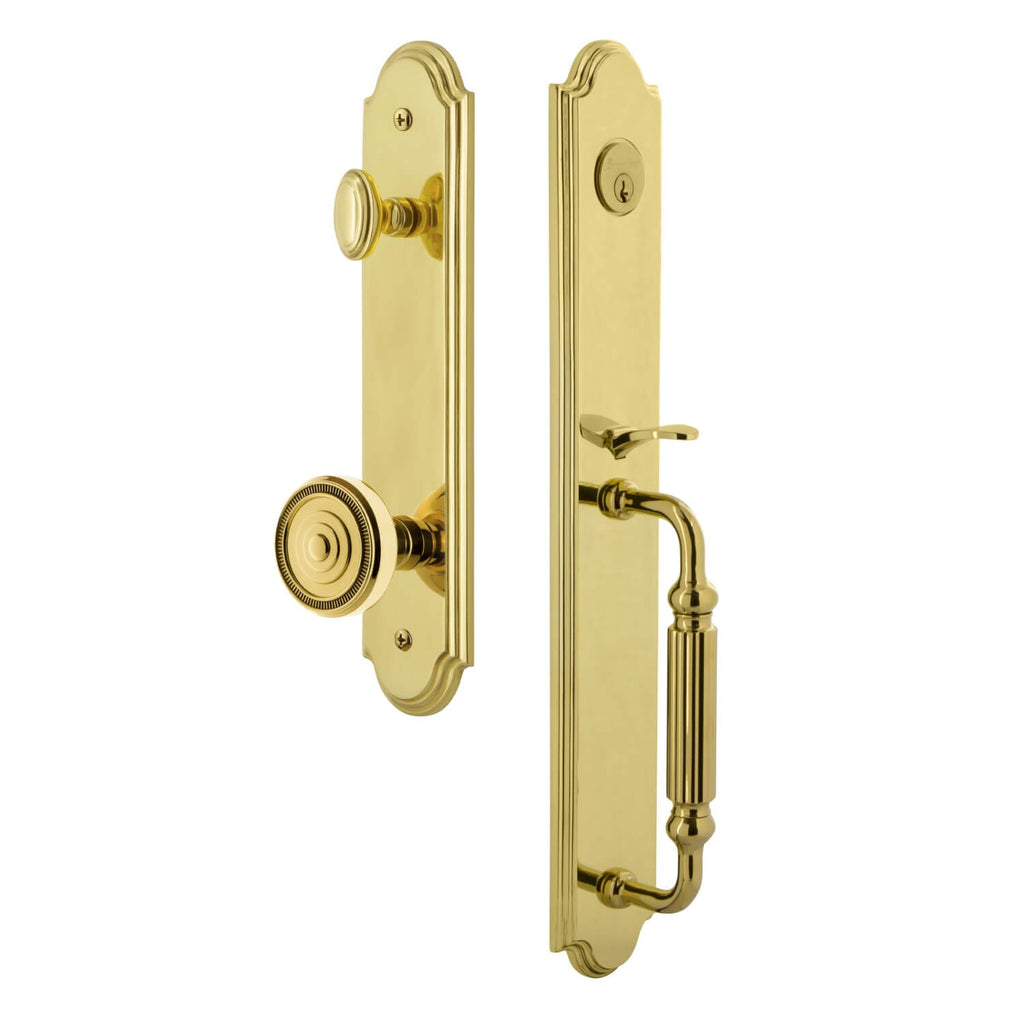 Arc One-Piece Handleset with F Grip and Soleil Knob in Lifetime Brass