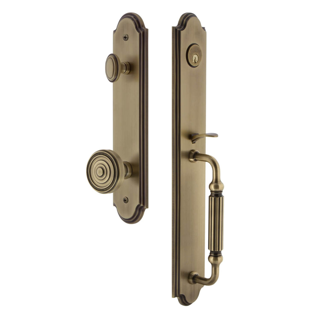 Arc One-Piece Handleset with F Grip and Soleil Knob in Vintage Brass