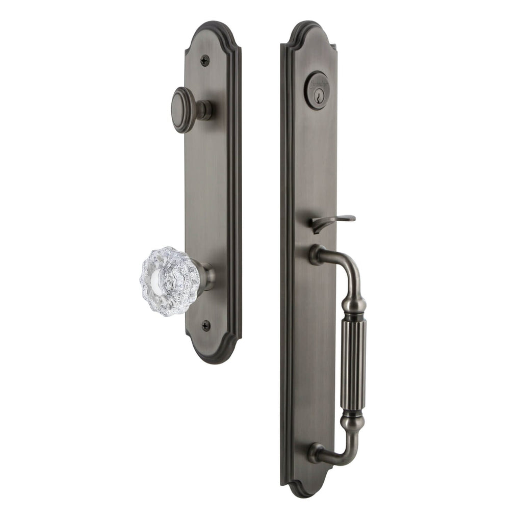 Arc One-Piece Handleset with F Grip and Versailles Knob in Antique Pewter