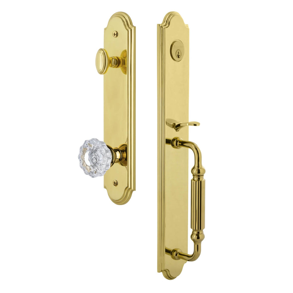 Arc One-Piece Handleset with F Grip and Versailles Knob in Lifetime Brass