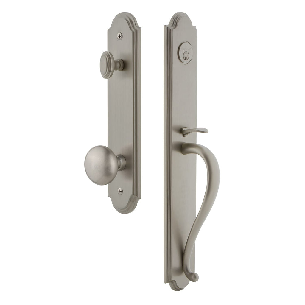 Arc One-Piece Handleset with S Grip and Fifth Avenue Knob in Satin Nickel