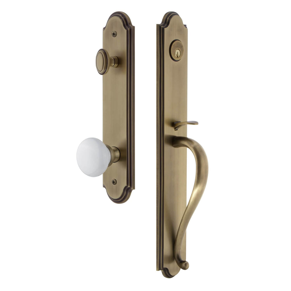 Arc One-Piece Handleset with S Grip and Hyde Park Knob in Vintage Brass