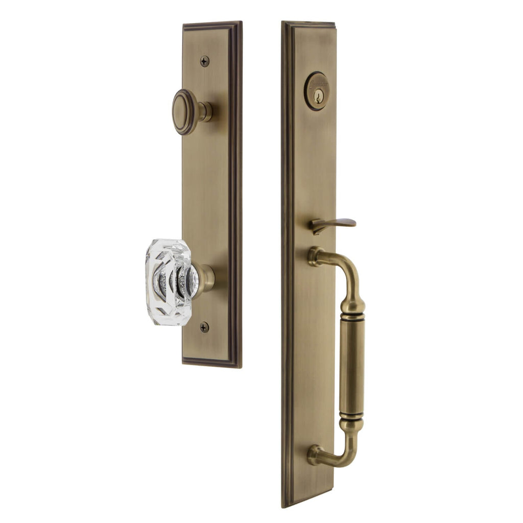 Carré One-Piece Handleset with C Grip and Baguette Clear Crystal Knob in Vintage Brass