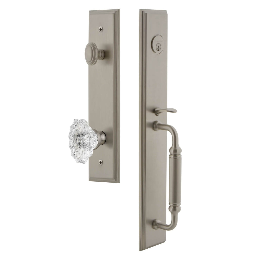 Carré One-Piece Handleset with C Grip and Biarritz Knob in Satin Nickel