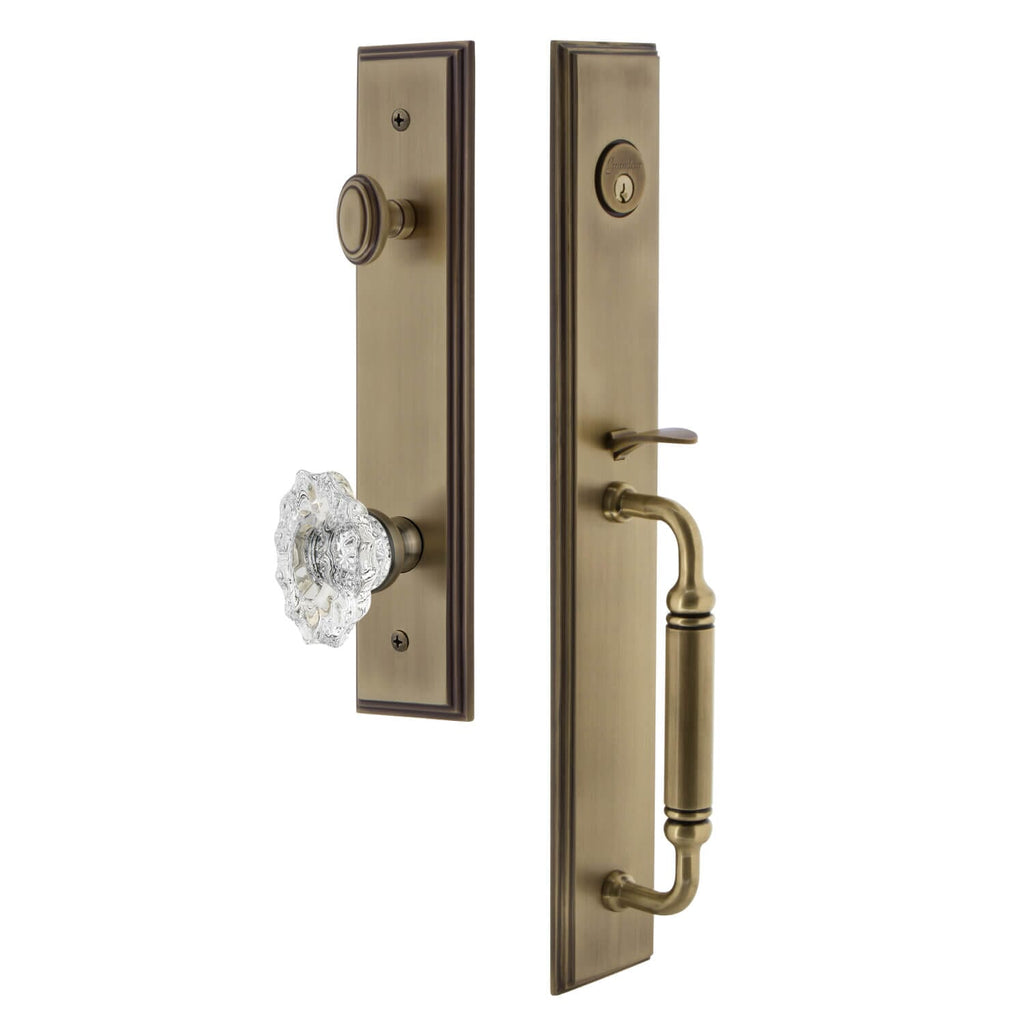 Carré One-Piece Handleset with C Grip and Biarritz Knob in Vintage Brass