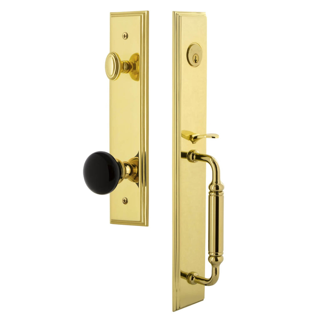 Grandeur Carré One-Piece Handleset with C Grip and Coventry Knob in Lifetime Brass