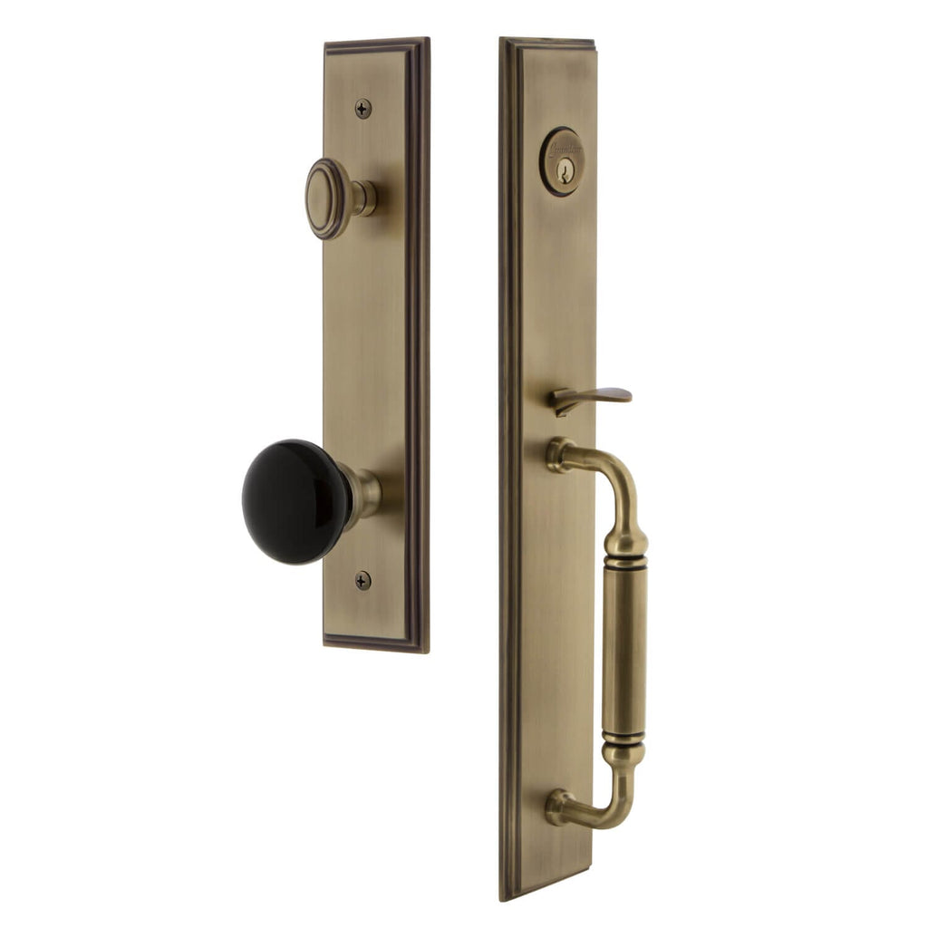 Grandeur Carré One-Piece Handleset with C Grip and Coventry Knob in Vintage Brass