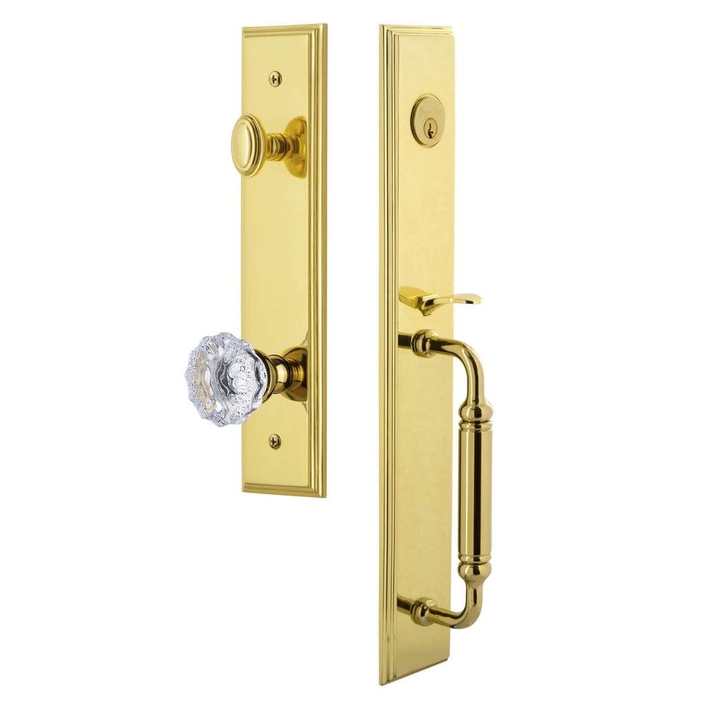 Carré One-Piece Handleset with C Grip and Fontainebleau Knob in Lifetime Brass