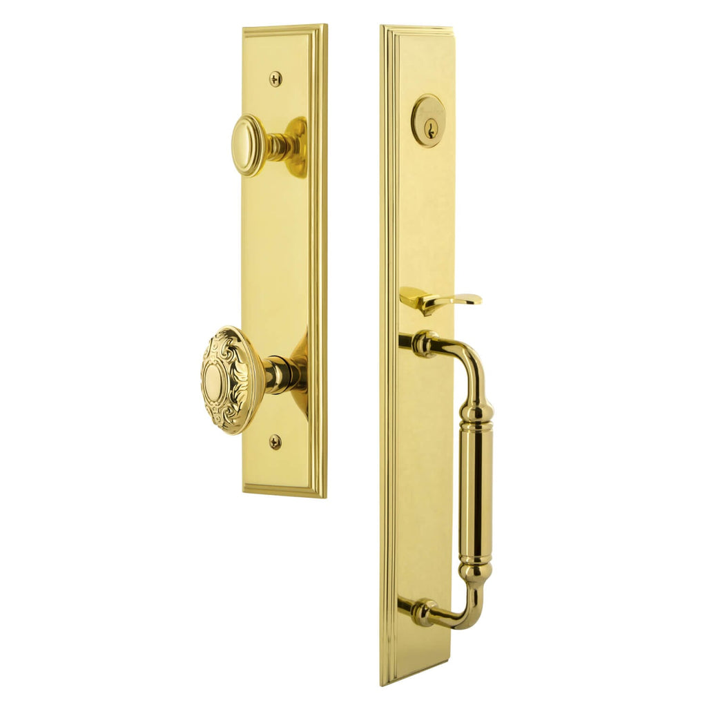 Carré One-Piece Handleset with C Grip and Grande Victorian Knob in Lifetime Brass