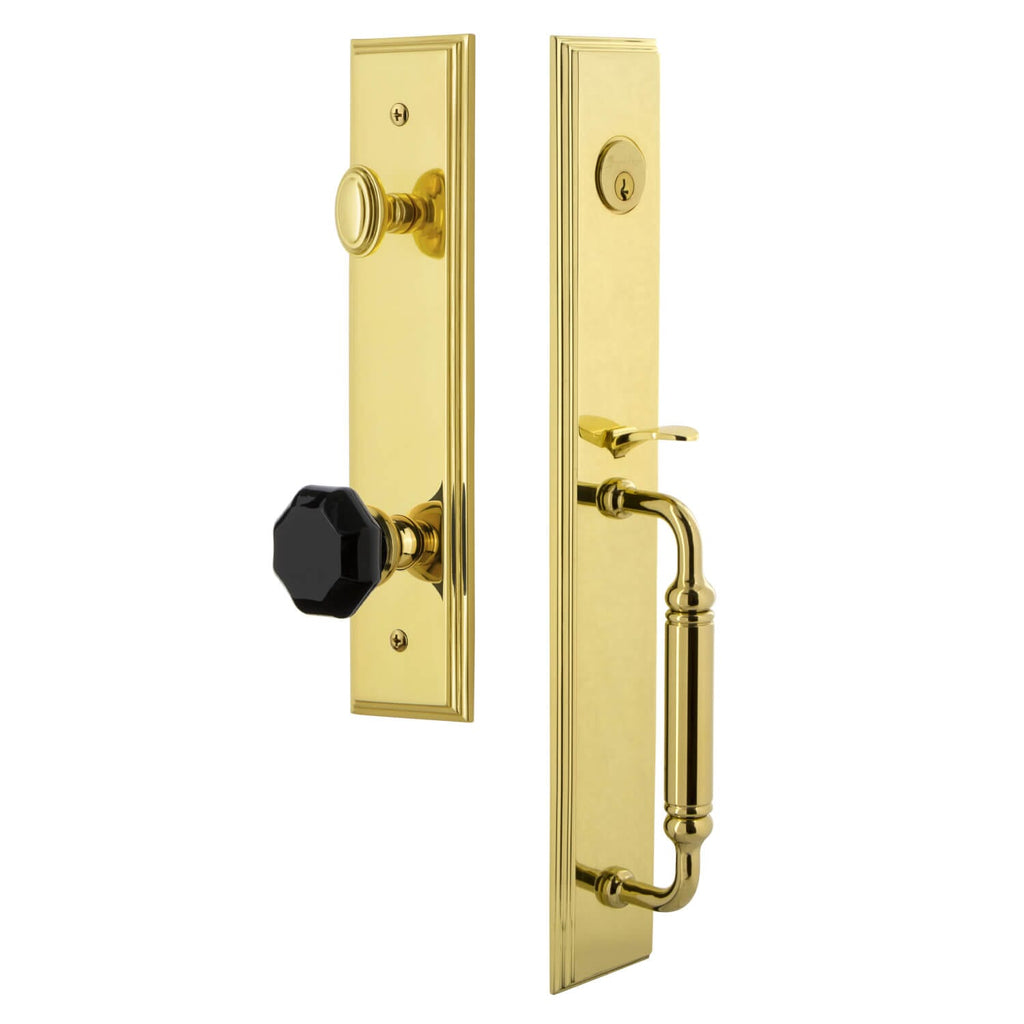 Grandeur Carré One-Piece Handleset with C Grip and Lyon Knob in Lifetime Brass